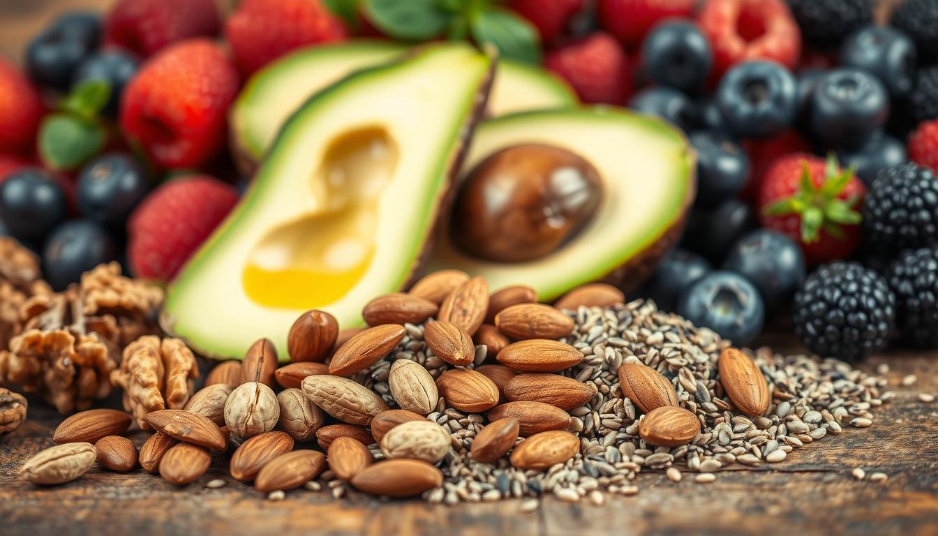 A bountiful still life of nutrient-dense foods that stimulate hunger-regulating hormones. In the foreground, a selection of heart-healthy omega-3-rich nuts and seeds - walnuts, almonds, chia, and flaxseeds - arranged artfully on a rustic wooden surface. In the middle ground, creamy avocado slices, their vibrant green hues accented by a drizzle of golden extra virgin olive oil. Behind them, a vibrant array of colorful berries - blueberries, raspberries, and blackberries - their juicy glistening forms casting a warm, inviting glow. Soft, diffused lighting bathes the scene, emphasizing the natural textures and rich, nourishing qualities of these satiating, cravings-curbing superfoods.