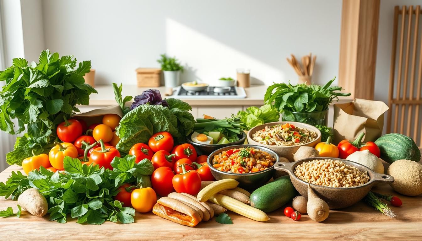 A bountiful still life of seasonal produce and nutritious meals, illuminated by soft, natural light and photographed from an overhead angle. In the foreground, a wooden table is adorned with a variety of fresh fruits and vegetables, including crisp leafy greens, juicy tomatoes, vibrant bell peppers, and earthy root vegetables. In the middle ground, simple yet wholesome dishes come together, such as a hearty vegetable stew, a vibrant salad, and a wholesome grain-based meal. The background features a minimalist, airy kitchen setting, with clean white walls and natural textures that amplify the vibrant, healthy atmosphere. The overall composition exudes a sense of simplicity, affordability, and the beauty of seasonal, nutritious ingredients.