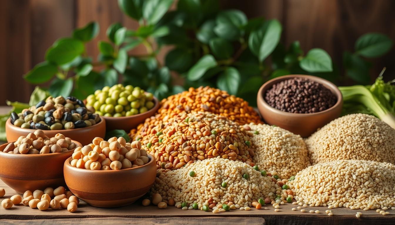 A bountiful still life showcasing a selection of budget-friendly plant-based proteins. In the foreground, an arrangement of lentils, chickpeas, and edamame in earthy ceramic bowls, bathed in warm, natural lighting. In the middle ground, vibrant clusters of quinoa, bulgur, and farro spill across a rustic wooden table. The background features a verdant leafy backdrop, hinting at the nutritional abundance of these affordable, protein-rich plant foods. The overall mood is one of rustic simplicity and health-conscious abundance, inviting the viewer to explore these versatile, budget-friendly protein sources.