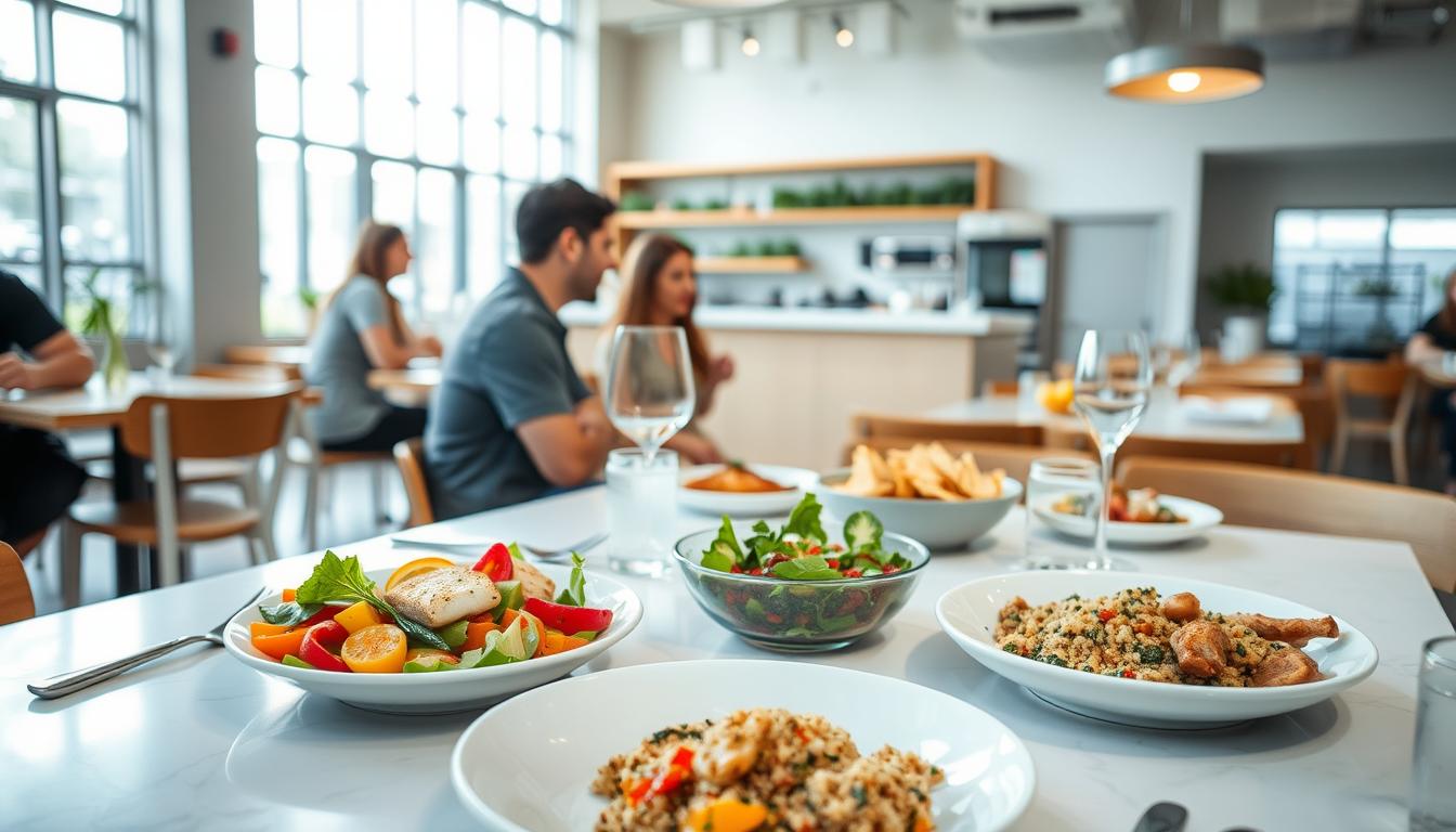 A bright, airy restaurant interior with an open kitchen and natural light filtering in from large windows. On the table in the foreground, an assortment of smartly curated cuisine choices - a fresh salad with vibrant vegetables, a grilled fish dish with lemon and herbs, a vegetable stir-fry with quinoa, and a small portion of lean protein. The tableware is minimalist and chic, complementing the modern, but relaxed ambiance. Diners are engaged in conversation, enjoying their nutritious, delicious meal. The overall mood is one of mindful, vibrant dining.