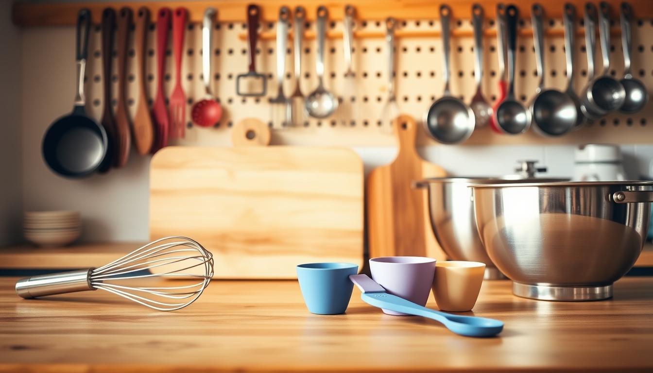A bright and airy kitchen scene, with a wooden counter top showcasing an assortment of budget-friendly kitchen tools. In the foreground, a sturdy metal whisk, a silicone spatula, and a set of measuring cups stand out against the warm, natural tones. In the middle ground, a durable cutting board and a stainless steel mixing bowl reflect the soft, even lighting from overhead. In the background, a pegboard displays a variety of inexpensive utensils, pots, and pans, creating a sense of organization and practicality. The overall mood is vibrant, functional, and inviting, reflecting the "Smart Kitchen Hacks" theme.