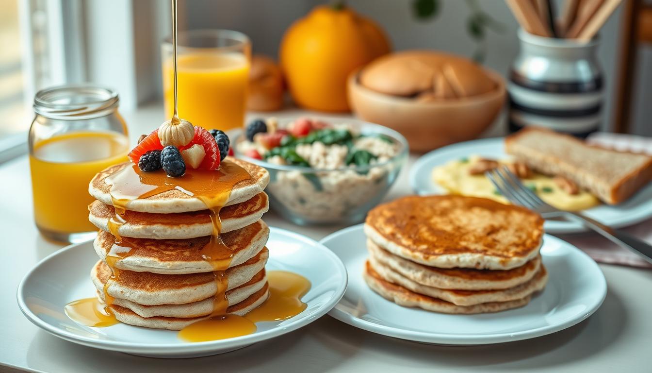 A bright and appetizing breakfast scene featuring a variety of healthy, inexpensive dishes. In the foreground, a plate showcases a stack of fluffy whole-wheat pancakes drizzled with honey, accompanied by a side of fresh sliced fruit. The middle ground displays a bowl of creamy oatmeal topped with toasted nuts and berries, and a glass of freshly squeezed orange juice. In the background, a simple yet nourishing scrambled egg dish with sautéed spinach and a slice of whole-grain toast. Warm, vibrant lighting casts a cozy glow over the scene, highlighting the natural colors and textures of the wholesome, budget-friendly ingredients.