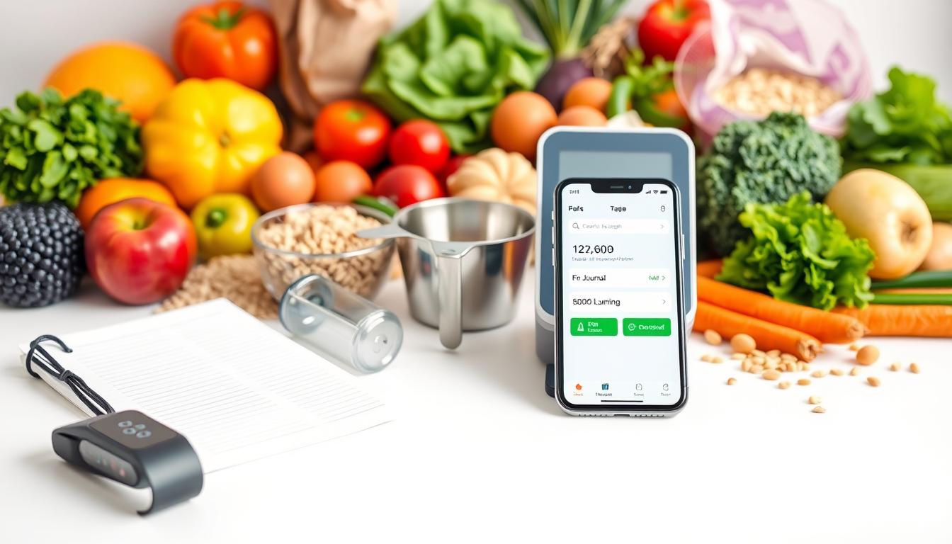 A bright and inviting scene showcasing a collection of affordable nutrition tracking tools. In the foreground, a sleek fitness tracker, a food journal, and a simple calorie counting app displayed on a smartphone rest atop a clean, white background. The middle ground features a set of measuring cups and a digital food scale, hinting at the tools needed for accurate meal planning. In the background, a vibrant array of fresh produce, whole grains, and lean protein sources creates a nutritious backdrop, conveying the idea of healthy, budget-friendly eating. The overall mood is one of accessibility, functionality, and a commitment to wellness on a budget.