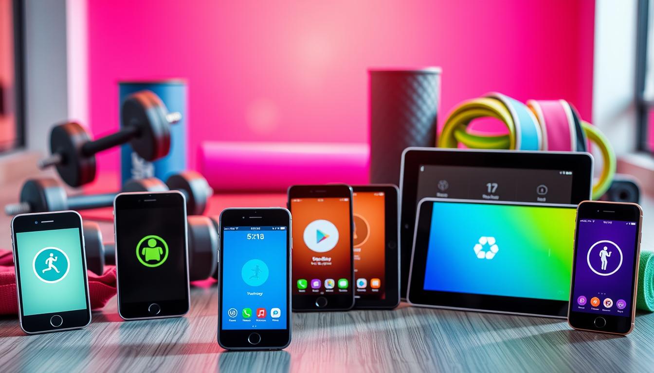 A bright, dynamic scene depicting a collection of free fitness apps on various mobile devices. In the foreground, a group of smartphones and tablets are artfully arranged, their screens displaying the logos and interfaces of popular workout apps. The middle ground features a backdrop of sleek, modern exercise equipment - dumbbells, yoga mats, resistance bands - suggesting the practical applications of these free digital tools. The background is bathed in a vibrant, energetic lighting, creating a sense of movement and vitality. The overall composition conveys the convenience, accessibility, and versatility of free fitness apps, appealing to health-conscious individuals seeking cost-effective ways to maintain an active lifestyle.