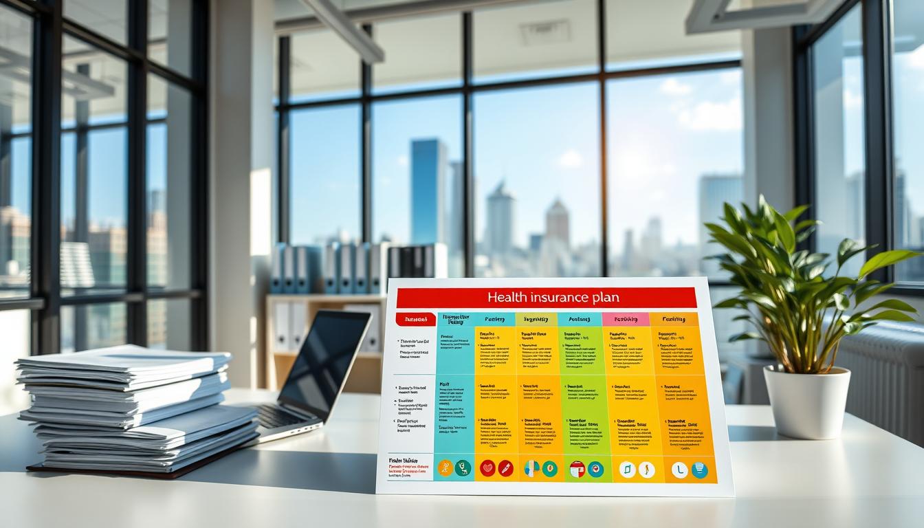 A bright, modern office interior with large windows and natural lighting. In the foreground, a clean, minimalist desk with a laptop, stacks of documents, and a potted plant. On the desk, a colorful, infographic-style chart illustrating different health insurance plan options, featuring vibrant colors, clean typography, and intuitive visual cues. In the middle ground, a bookshelf with medical reference books and folders. The background features a city skyline visible through the windows, conveying a sense of professionalism and accessibility.