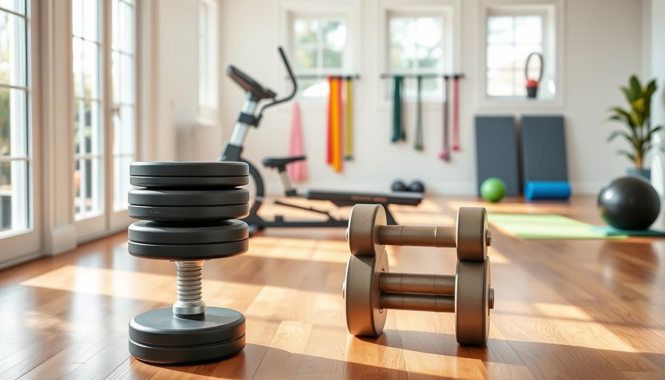 A bright, modern room with hardwood floors and large windows. In the foreground, two stacks of free weights, one heavy and one light, representing the home workout setup. In the middle ground, an elliptical machine and a weight bench, signifying the gym equipment. The background features a minimalist home gym setup with yoga mats, resistance bands, and a medicine ball. Vibrant, natural lighting illuminates the scene, highlighting the contrasting costs and convenience of gym memberships versus home workouts.