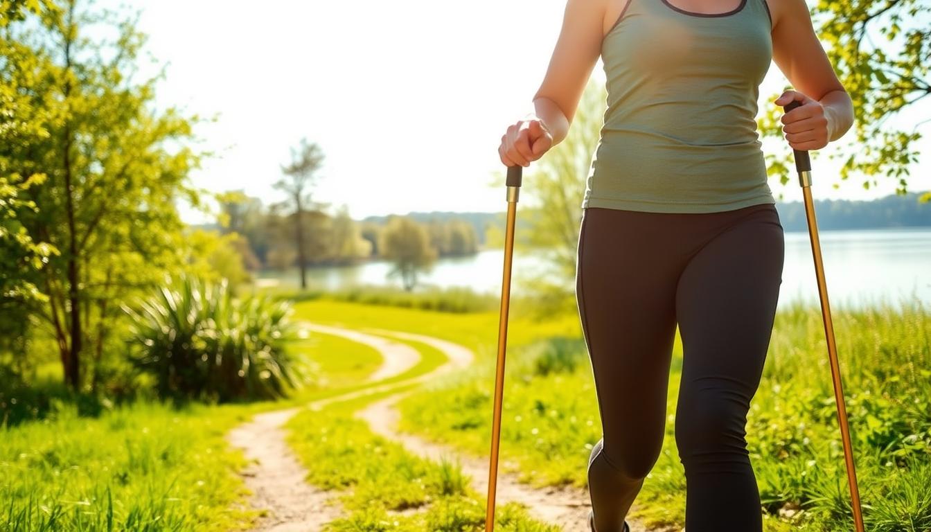 A bright, sun-dappled scene of a person walking briskly through a verdant park, Nordic poles in hand. The foreground features the walker's firm, confident strides, their upper body engaged as they push and pull the poles. In the middle ground, lush greenery and a winding path lead the eye forward. The background showcases a tranquil lake, its still waters reflecting the clear sky above. Soft, warm lighting bathes the scene, creating a sense of vibrant vitality. The overall mood is one of invigorating exercise, the walker's improved posture and effort suggesting the substantial health benefits of this simple, effective workout. A bright, sun-dappled scene of a person walking briskly through a verdant park, Nordic poles in hand. The foreground features the walker's firm, confident strides, their upper body engaged as they push and pull the poles. In the middle ground, lush greenery and a winding path lead the eye forward. The background showcases a tranquil lake, its still waters reflecting the clear sky above. Soft, warm lighting bathes the scene, creating a sense of vibrant vitality. The overall mood is one of invigorating exercise, the walker's improved posture and effort suggesting the substantial health benefits of this simple, effective workout.
