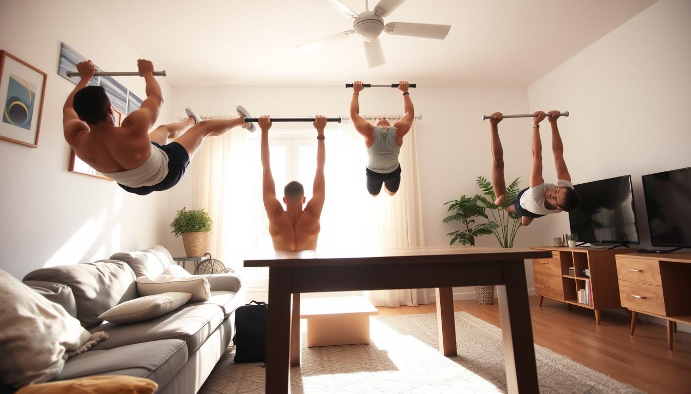 A bright, sunny living room setting with a person doing various upper body exercises, such as push-ups, pull-ups, and dips, on simple home workout equipment like a pull-up bar and a sturdy table. The scene is captured with a wide-angle lens, showcasing the full range of motion and form. The lighting is natural and diffused, creating a vibrant, energetic atmosphere. The background features minimalist decor, allowing the focus to remain on the exercises and the person's form. The overall scene conveys a sense of strength, functionality, and the ability to build upper body muscle using only bodyweight exercises at home.