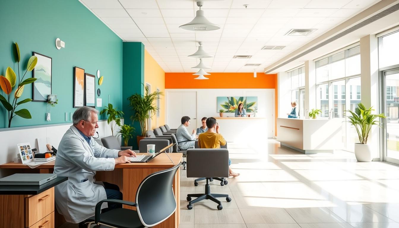 A bright, vibrant medical clinic, with a warm and welcoming atmosphere. In the foreground, a healthcare professional sits at a desk, reviewing documents and speaking on the phone, conveying a sense of attentive care. The middle ground features patients in the waiting area, surrounded by soothing, nature-inspired decor and comfortable seating. The background showcases an expansive, well-lit reception area with large windows, allowing natural light to flood the space. The overall scene exudes a feeling of professionalism, efficiency, and a dedication to providing in-network care and minimizing extra costs for patients.