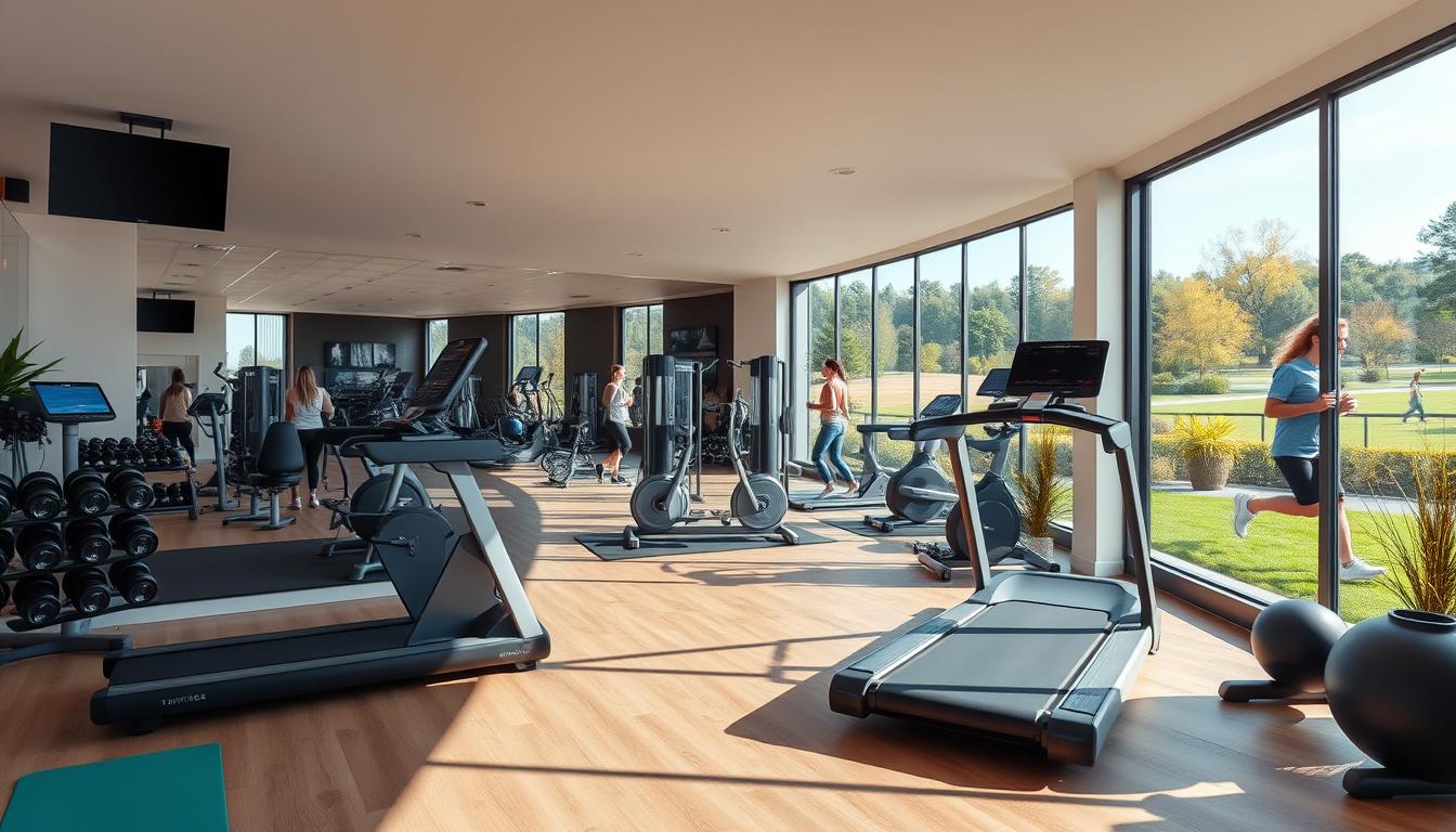 A bright, well-lit home gym setup in the foreground, with natural lighting and modern equipment like a treadmill, weights, and yoga mats. In the middle ground, a busy gym interior with people working out, machines, and a sleek, contemporary design. In the background, a scenic outdoor landscape with a park, trees, and a jogger passing by, suggesting the convenience and flexibility of home workouts. The overall atmosphere is vibrant, energetic, and conveys the ease and accessibility of both gym membership and home fitness options.