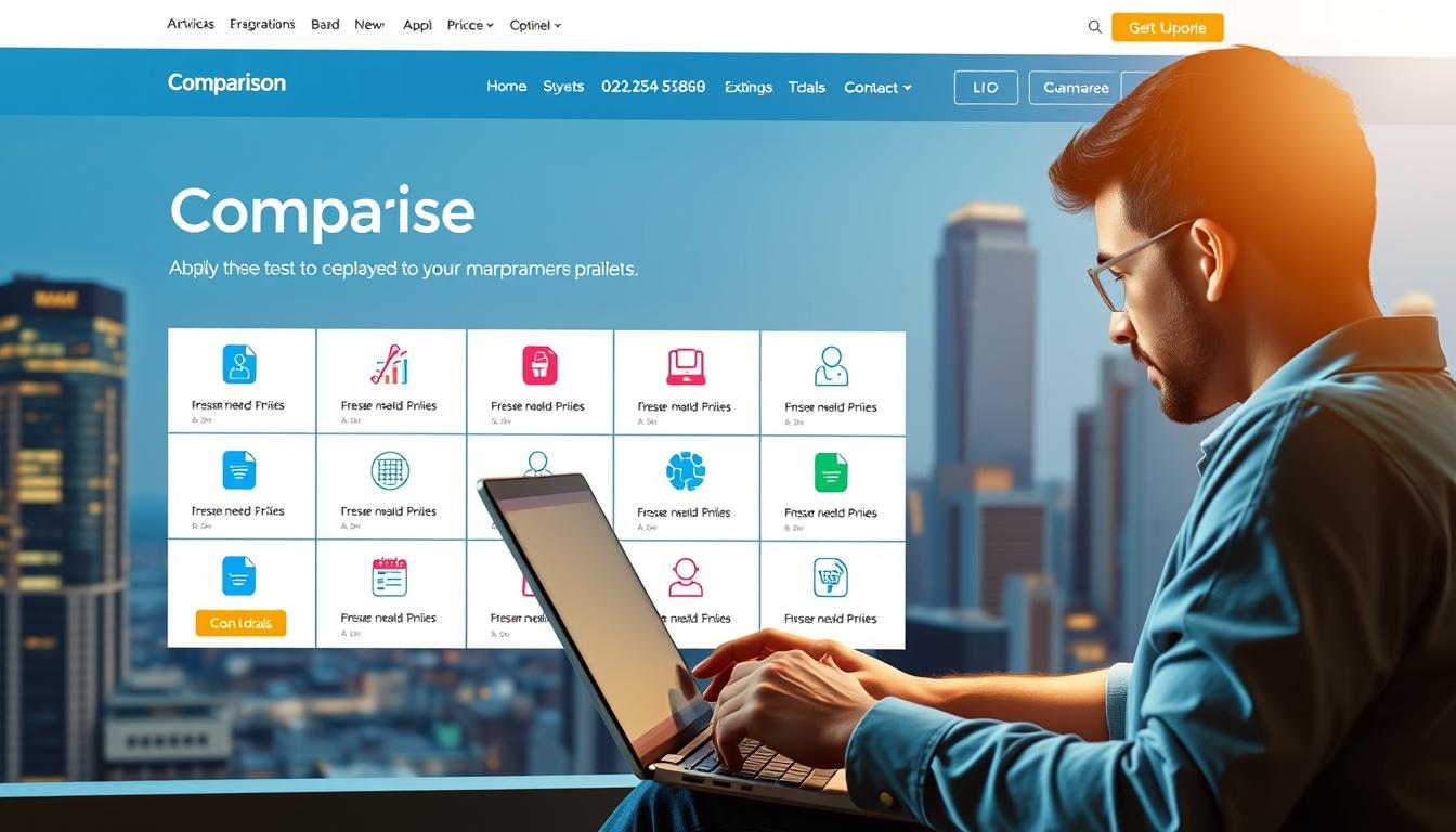 A brightly lit comparison website homepage, with a sleek, modern design. In the foreground, a person using a laptop, intently comparing insurance plan details and prices. The middle ground features a grid of insurance icons, each promising the "best deal." The background showcases a cityscape, hinting at the diverse insurance options available. Vibrant colors, clean lines, and a sense of efficiency and cost-savings pervade the scene, conveying the power of comparison tools to help users find the most affordable health insurance plans.