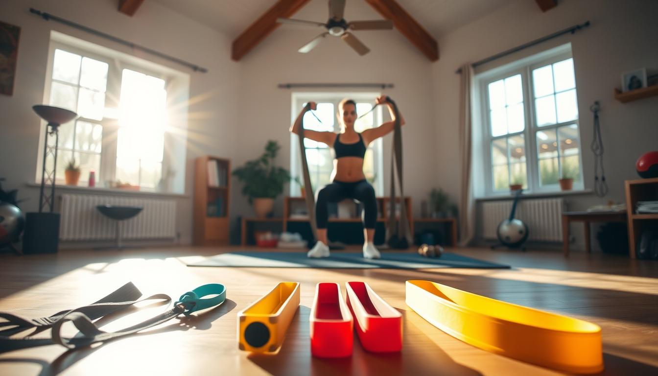A brightly lit home gym setting, with various household items arranged in the foreground as resistance band alternatives. In the middle ground, a person performing a strength training exercise using a towel or a belt. The background features natural lighting streaming through large windows, creating a warm and inviting atmosphere. The overall scene conveys a sense of creativity and resourcefulness in finding ways to stay fit without specialized equipment.