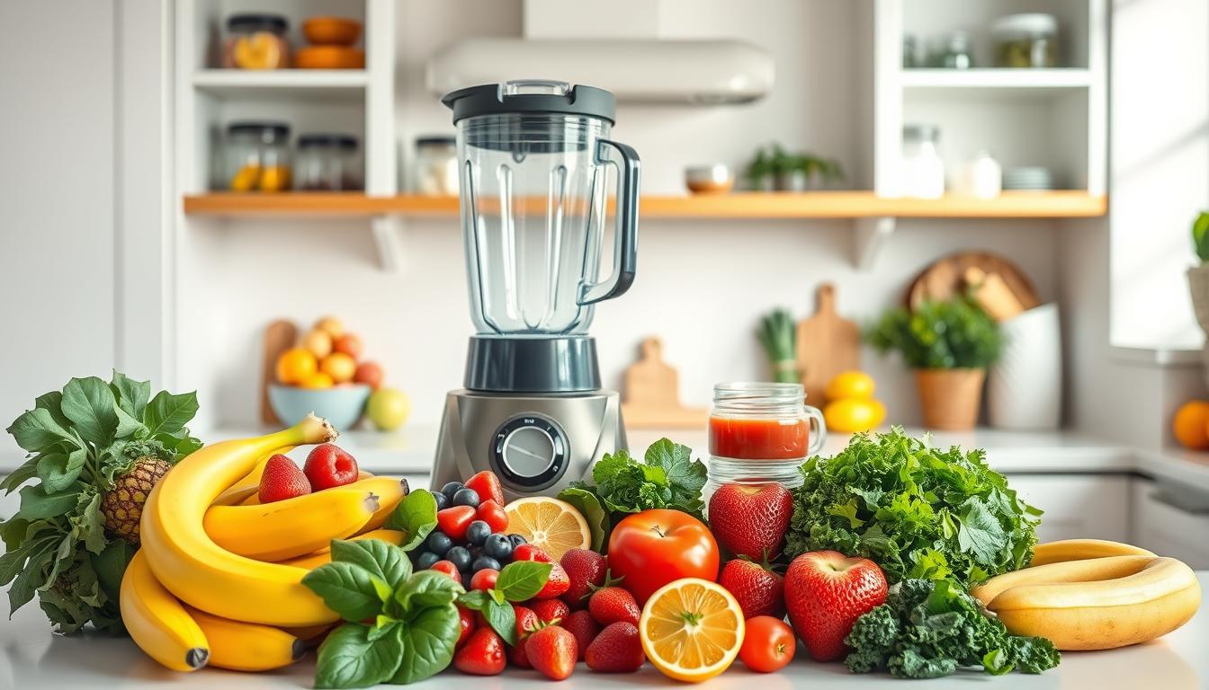 A brightly lit kitchen counter showcases an array of fresh ingredients for homemade smoothies. In the foreground, a variety of colorful fruits and vegetables are neatly arranged, including bananas, berries, leafy greens, and citrus. In the middle ground, a high-powered blender stands ready, its sleek design hinting at its efficiency. The background features open shelves stocked with jars, containers, and other budget-friendly smoothie-making essentials. The overall scene radiates a vibrant, energetic atmosphere, inspiring viewers to take charge of their health and whip up delicious, cost-effective smoothies at home.
