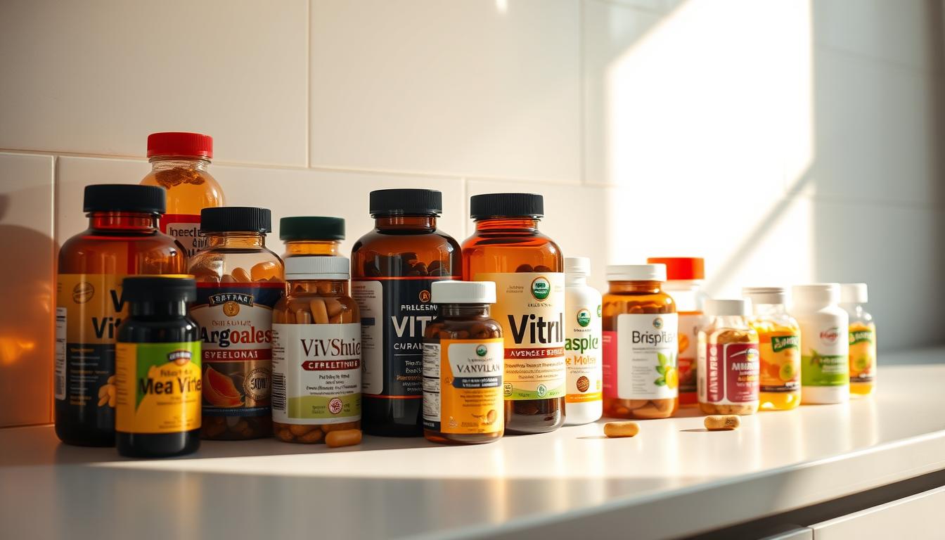 A brightly lit kitchen counter, showcasing a well-organized display of various multivitamin bottles in a range of shapes and sizes. The bottles are arranged in a visually appealing manner, with some standing upright, others nestled side by side, and a few stacked neatly. The lighting is warm and natural, casting a vibrant glow on the labels and creating shadows that add depth and dimension to the scene. The background is a clean, minimalist white surface, allowing the multivitamin bottles to take center stage. The overall composition is visually striking, highlighting the importance of proper storage for maximum potency and effectiveness.
