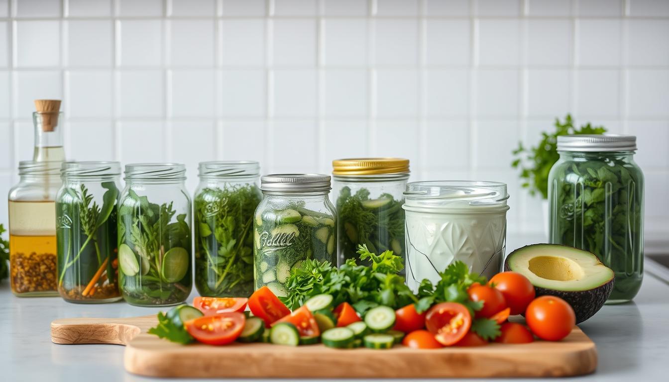 A brightly lit kitchen counter, showcasing an assortment of homemade condiments. In the foreground, an array of glass jars filled with vibrant, organically-grown herbs, spices, and fermented ingredients, such as garlic-infused olive oil, zesty lemon-thyme vinegar, and creamy avocado-yogurt dip. The middle ground features a wooden cutting board with freshly chopped vegetables, including ripe tomatoes, crisp cucumbers, and fragrant cilantro, ready to be incorporated into the flavorful condiments. The background depicts a minimalist, white-tiled wall, providing a clean, modern backdrop to highlight the handcrafted, affordable recipes for healthy eating.