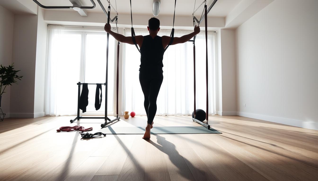 A budget-friendly home suspension trainer workout in a vibrant, well-lit studio. In the foreground, a person performing dynamic exercises on parallel suspension straps, their silhouette casting dramatic shadows on the floor. The middle ground features minimal, sleek equipment - a suspension frame, resistance bands, and a yoga mat. The background showcases large windows flooding the space with natural light, and clean, uncluttered walls in soothing tones. The overall atmosphere is one of simplicity, efficiency, and attainable fitness, inviting the viewer to envision themselves engaging in an effective, low-cost workout.