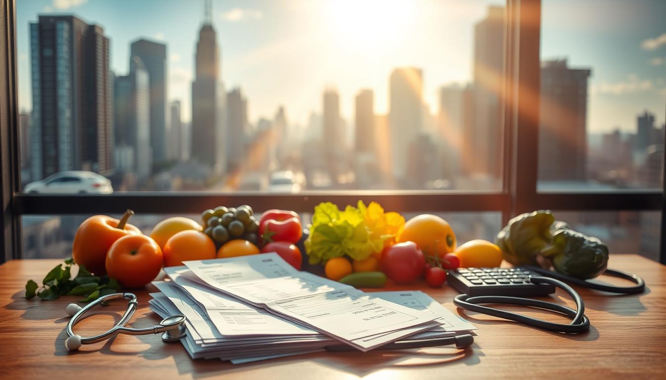 A bustling city skyline fades into the background, with towering skyscrapers and a vibrant, sun-dappled atmosphere. In the foreground, a stack of neatly organized medical bills and receipts sit atop a wooden table, surrounded by healthy fresh produce, a stethoscope, and a calculator. The scene conveys a sense of financial empowerment and the tangible savings associated with prioritizing preventive healthcare. Beams of warm, golden light filter through the window, casting a soft, optimistic glow over the entire composition. The overall mood is one of vibrant, well-being and the potential for significant cost-savings through proactive medical attention.
