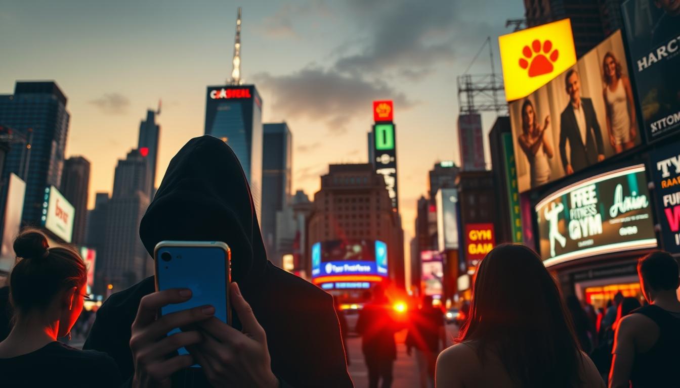 A bustling city skyline, the warm glow of sunset casting long shadows across the streets. In the foreground, a group of people engrossed in a free fitness app, their screens illuminating their faces. Hidden behind the alluring interface, a shadowy figure lurks, representing the unseen costs – data harvesting, intrusive ads, and limited features. The middle ground features a contrast, with a nearby gym, its imposing facade casting a shadow over the free app users, a visual metaphor for the hidden expenses that can arise from relying solely on "free" fitness solutions. The background is a vibrant array of neon signs and billboards, a stark reminder of the commercialization that often accompanies these apps. Dramatic lighting and a sense of unease pervade the scene, capturing the hidden price one may pay for choosing convenience over a more comprehensive, paid fitness solution.