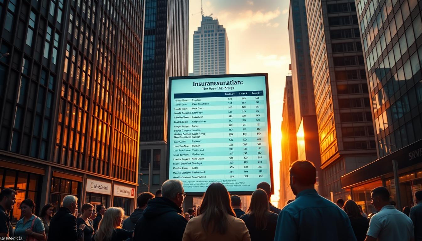A bustling city street at dusk, with towering skyscrapers casting long shadows. In the foreground, a group of people gathered around a large billboard, their expressions thoughtful as they examine the various insurance plan options displayed. The lighting is warm and vibrant, creating a sense of energy and activity. In the background, a series of modern, high-rise buildings stretch out, their windows reflecting the fading sunlight. The overall scene conveys a sense of the importance and complexity of choosing the right health insurance plan, with the city setting providing a dynamic and vibrant backdrop.