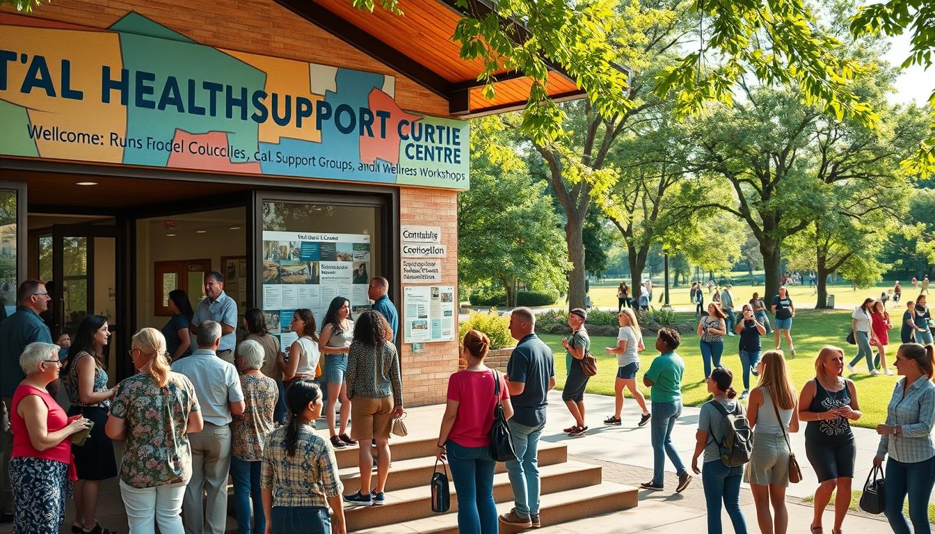 A bustling community center, its facade adorned with vibrant murals depicting mental health support services. In the foreground, a diverse group of people – young and old, from all walks of life – gather on the steps, engaged in animated conversations. The middle ground features a welcoming lobby, its walls lined with informative posters and brochures outlining the range of affordable counseling, support groups, and wellness workshops available. The background reveals a lush, verdant park, where joggers and families enjoy the outdoors, a tranquil oasis amidst the urban setting. Warm, natural lighting bathes the entire scene, creating a sense of hope, community, and accessibility for those seeking mental health resources.