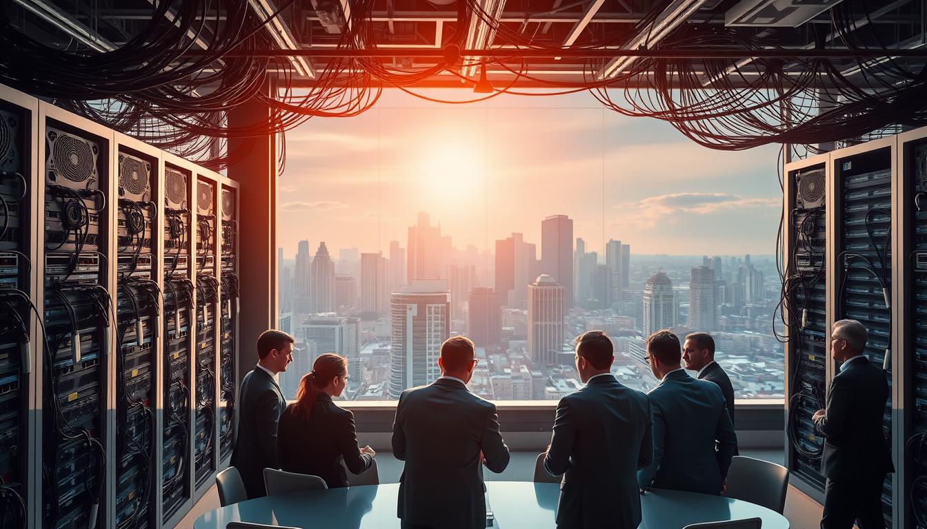 A bustling corporate landscape where network providers converge, captured in a vibrant, documentary-style image. In the foreground, a group of executives in crisp suits huddle around a conference table, deep in discussion. The middle ground reveals a maze of interconnected computer servers and data cables, symbolizing the complex infrastructure that powers the industry. In the background, a panoramic view of a modern city skyline, its towering glass and steel buildings reflecting the sun's warm glow. The overall scene conveys a sense of dynamic activity, technological innovation, and the high-stakes world of healthcare administration.