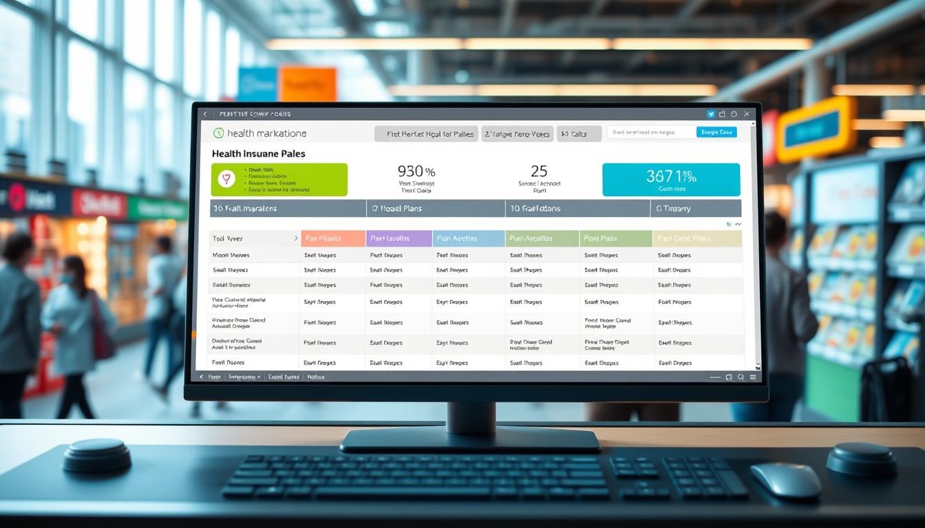 A bustling digital marketplace, with a sleek, modern interface showcasing side-by-side comparisons of various health insurance plans. The foreground features clean, vibrant infographics and intuitive controls, guiding the user through a seamless comparison process. The middle ground depicts an array of plan options, each displayed with clear, concise details. In the background, a soft, blurred cityscape sets the stage, hinting at the broader context of finding the most cost-effective health coverage. The overall scene exudes a sense of efficiency, clarity, and the empowerment of informed decision-making.