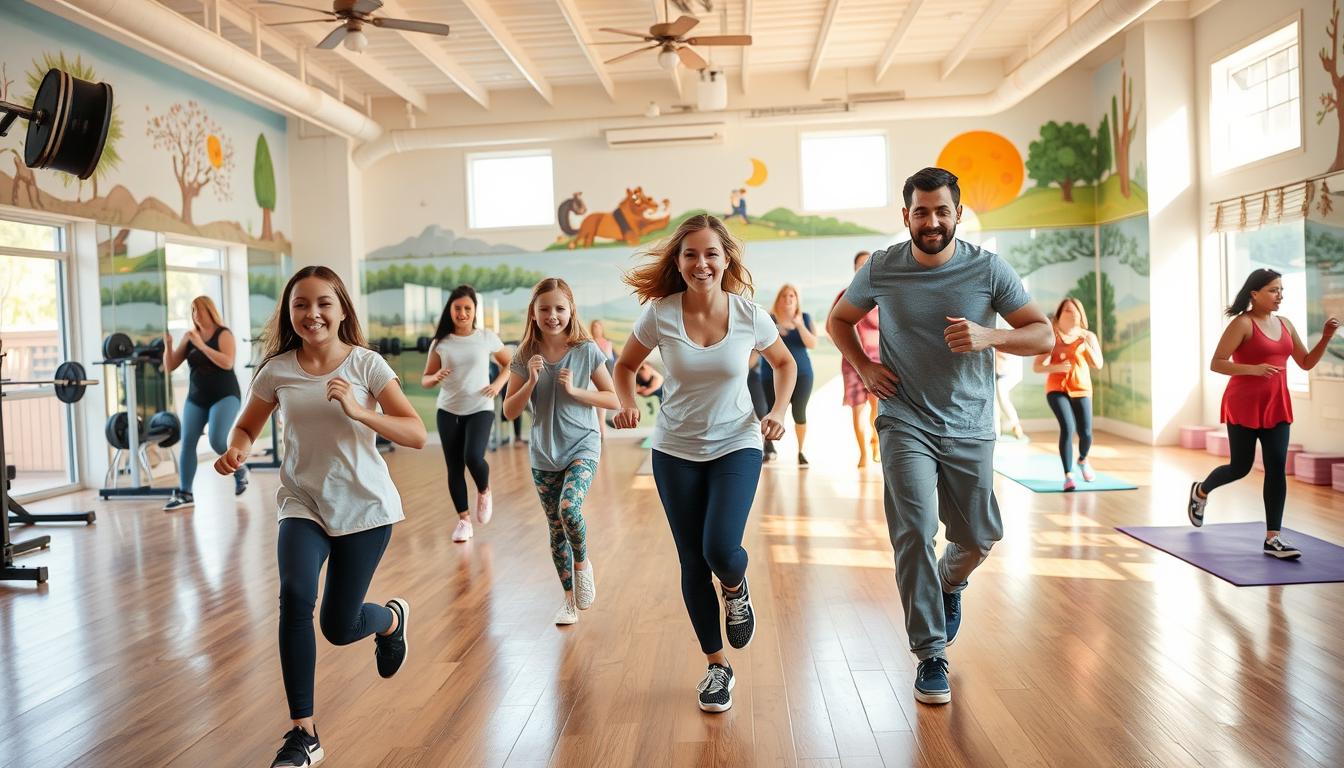 A bustling family fitness studio, sunlit and airy, with an array of engaging workout stations - weightlifting, cardio, and yoga - showcasing activities for all ages and seasons. The floor is polished hardwood, the walls adorned with vibrant murals depicting outdoor scenes in spring, summer, fall, and winter. Parents and children move in sync, their faces brimming with energy and joy as they engage in a variety of low-impact exercises. Carefully positioned lighting casts a warm, inviting glow, highlighting the scene's sense of togetherness and wellness. The overall atmosphere is one of vibrant, family-friendly movement, perfectly capturing the "Weather-Proof Movement Strategies for Every Season."