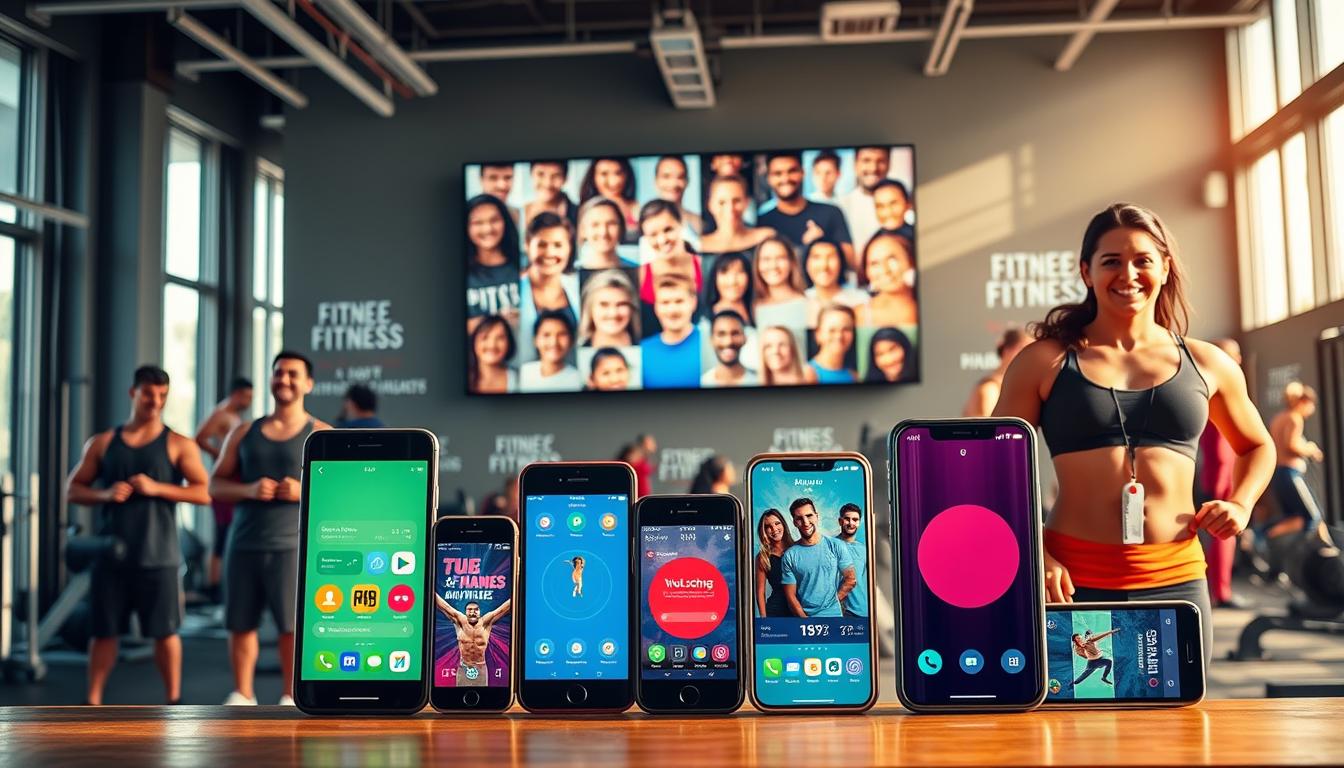 A bustling gym interior, sunlight streaming through large windows, illuminating a collage of smiling faces on a wall-mounted display. In the foreground, a group of individuals showcasing their fitness transformations, their athletic physiques and glowing expressions radiating a sense of accomplishment. The middle ground features a selection of budget-friendly fitness apps displayed on various mobile devices, highlighting their user-friendly interfaces and accessible features. The background blends seamlessly, with motivational slogans and fitness equipment creating a vibrant, inspiring atmosphere. The overall scene conveys the success stories of those who have embraced affordable fitness solutions, their journeys towards a healthier lifestyle captured in a visually striking and vibrant composition.