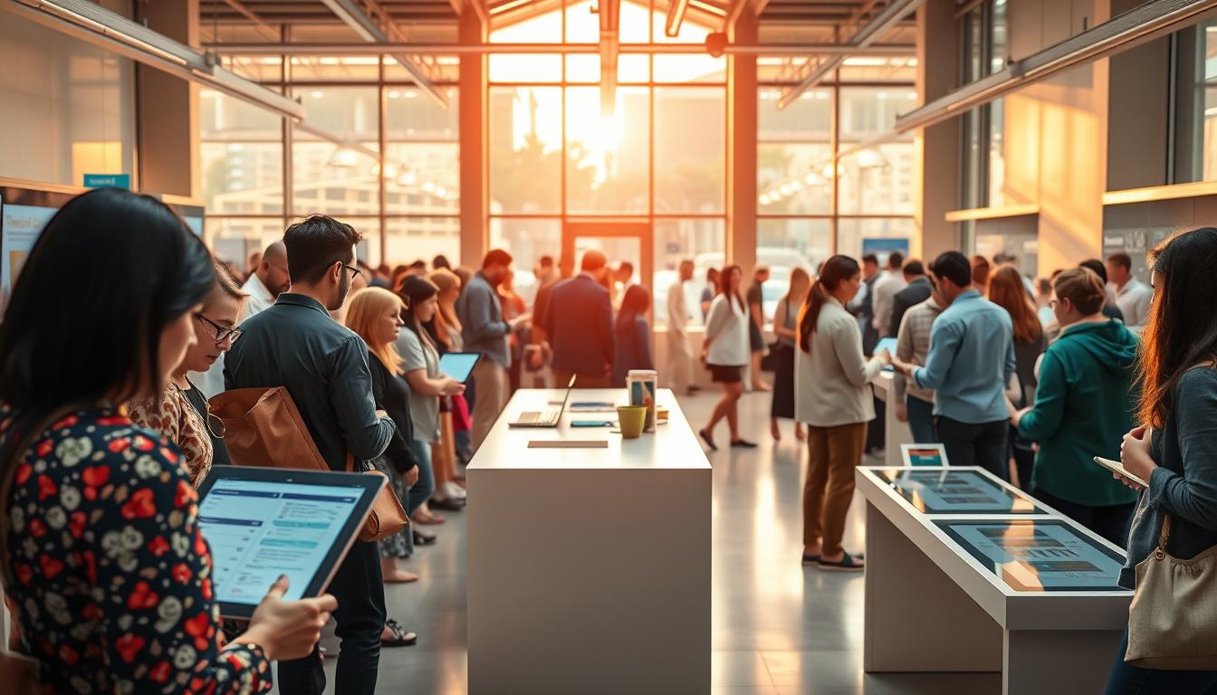 A bustling health insurance marketplace, captured in a vibrant, modern composition. In the foreground, a diverse array of people browse digital displays, comparing coverage options. The middle ground features a sleek, minimalist counter where representatives assist clients. In the background, a warm, natural lighting filters through large windows, creating a sense of openness and transparency. The overall atmosphere conveys a seamless, efficient process, where individuals can make informed decisions about their healthcare coverage needs.