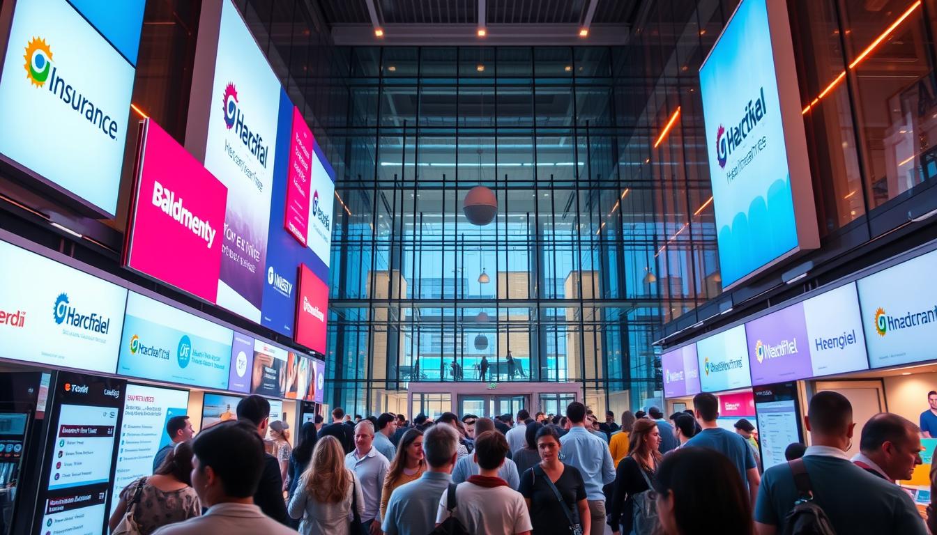A bustling health insurance marketplace, illuminated by warm, vibrant lighting. In the foreground, various insurance providers' logos and plan details are displayed on sleek digital screens, inviting potential customers to explore their options. The middle ground features a diverse crowd of individuals and families, each seeking the perfect coverage to meet their unique needs. In the background, a modern, glass-encased building dominates the scene, its clean, minimalist design reflecting the efficient, streamlined nature of the marketplace. An atmosphere of transparency, choice, and empowerment pervades the image, capturing the essence of the section's focus on employer plans versus marketplace plans.