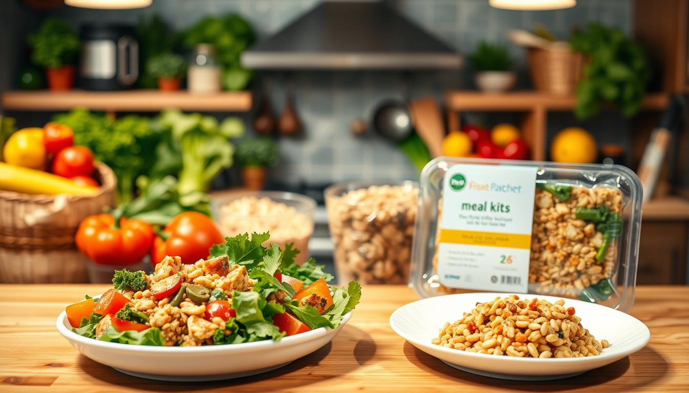 A bustling kitchen counter, illuminated by warm overhead lighting, showcases an array of fresh, affordable produce - vibrant leafy greens, crunchy vegetables, and a variety of whole grains. In the foreground, two plates display contrasting meal options: a simple yet nutritious homemade dish alongside a pre-packaged meal kit, allowing for a direct cost comparison. The background fades into a soft, blurred representation of the rising cost of living, underscoring the importance of finding budget-friendly, healthy eating solutions. A bustling kitchen counter, illuminated by warm overhead lighting, showcases an array of fresh, affordable produce - vibrant leafy greens, crunchy vegetables, and a variety of whole grains. In the foreground, two plates display contrasting meal options: a simple yet nutritious homemade dish alongside a pre-packaged meal kit, allowing for a direct cost comparison. The background fades into a soft, blurred representation of the rising cost of living, underscoring the importance of finding budget-friendly, healthy eating solutions.