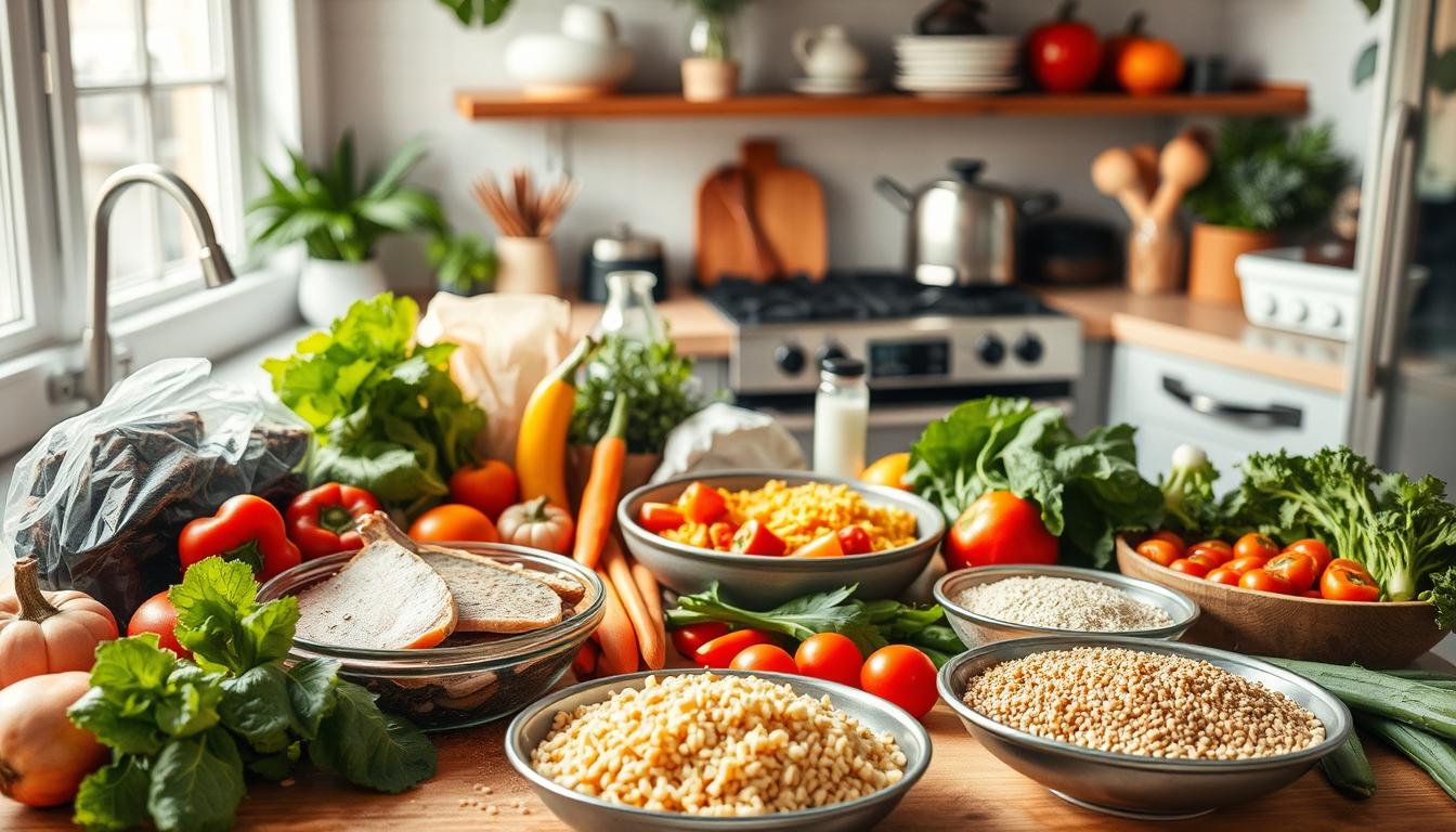 A bustling kitchen counter showcases an array of fresh, wholesome ingredients. Crisp vegetables, lean proteins, and whole grains take center stage, surrounded by vibrant hues and a warm, inviting atmosphere. Soft natural lighting casts a gentle glow, highlighting the effortless simplicity of these low-cost, nutritious meals. The scene exudes a sense of culinary mastery, inspiring the viewer to explore the possibilities of creating delicious, budget-friendly dishes that nourish both body and mind.
