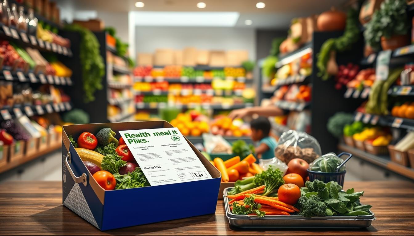 A bustling kitchen scene, showcasing the contrast between the convenience of meal prep services and the hands-on experience of grocery shopping. In the foreground, a sleek, vibrant meal kit with fresh produce, pre-portioned ingredients, and easy-to-follow instructions. In the middle ground, a lively supermarket aisle filled with a diverse array of colorful, wholesome groceries. The background features a serene, well-lit home kitchen, hinting at the culinary possibilities of both approaches. The overall mood is one of vibrancy, efficiency, and the pursuit of healthy eating. A bustling kitchen scene, showcasing the contrast between the convenience of meal prep services and the hands-on experience of grocery shopping. In the foreground, a sleek, vibrant meal kit with fresh produce, pre-portioned ingredients, and easy-to-follow instructions. In the middle ground, a lively supermarket aisle filled with a diverse array of colorful, wholesome groceries. The background features a serene, well-lit home kitchen, hinting at the culinary possibilities of both approaches. The overall mood is one of vibrancy, efficiency, and the pursuit of healthy eating.