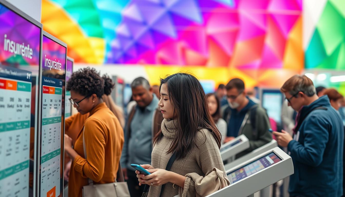 A bustling marketplace plan, captured in vivid detail. In the foreground, a diverse array of insurance plan options are displayed on sleek digital kiosks, their interfaces inviting exploration. The middle ground showcases individuals of varying ages and backgrounds, each carefully considering their options, their expressions thoughtful and engaged. The background is a kaleidoscope of vibrant colors, reflecting the energy and dynamism of the marketplace, with subtle cues hinting at the impacts of income on health insurance costs. Soft, diffused lighting creates a sense of warmth and approachability, drawing the viewer into this vibrant scene of informed decision-making.