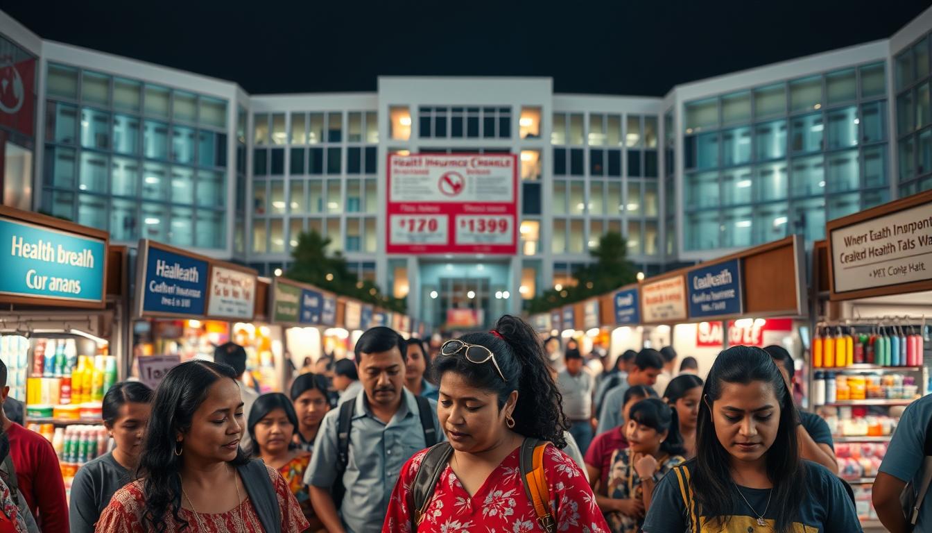A bustling marketplace scene, with a central display showcasing various health insurance plans and discounts. The foreground features a diverse group of people examining the offerings, their expressions reflecting a mix of contemplation and relief. The middle ground is filled with colorful vendor stalls, each offering a range of products and services. In the background, a modern, well-lit building serves as the backdrop, symbolizing the Affordable Care Act and the availability of healthcare resources. The overall atmosphere is vibrant, welcoming, and conveys a sense of opportunity and savings for low-income households navigating the complexities of healthcare.