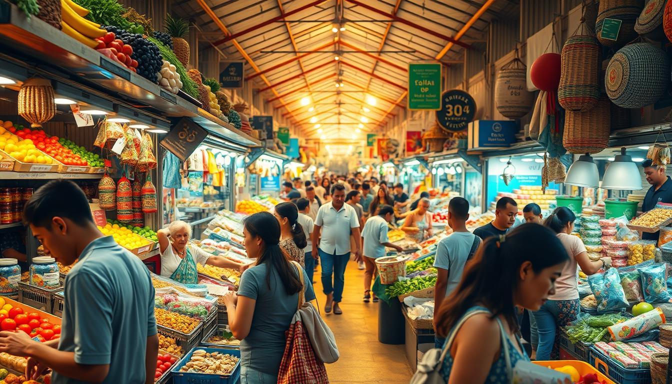 A bustling marketplace with an array of stalls, featuring colorful produce, handcrafted goods, and lively vendors. The scene is bathed in warm, vibrant lighting, casting a welcoming glow over the entire area. In the foreground, a group of shoppers carefully inspect the items, weighing their options and calculating potential savings. In the middle ground, the stall owners enthusiastically showcase their wares, highlighting the value and quality of their offerings. In the background, the marketplace extends into the distance, filled with a diverse array of shoppers and a variety of merchants, all contributing to the thriving, vibrant atmosphere.