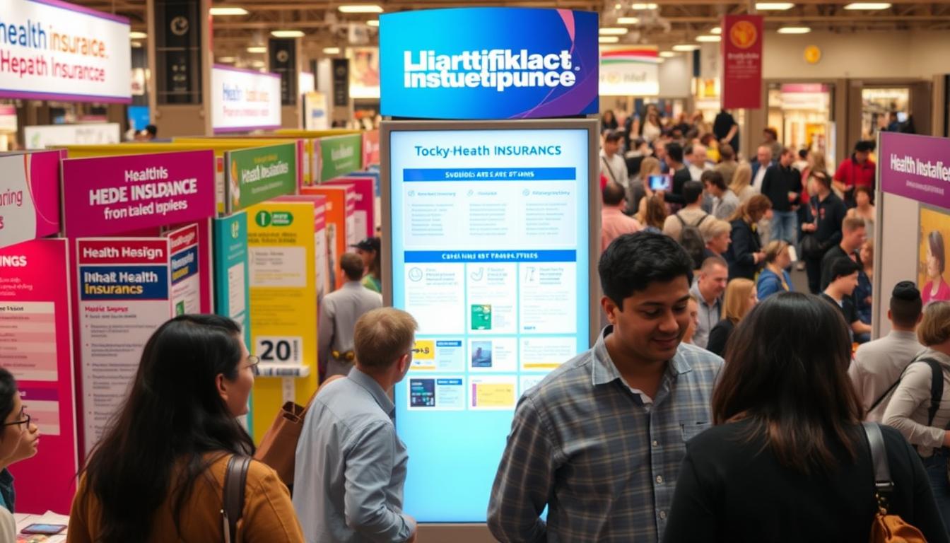 A bustling marketplace with stalls offering an array of health insurance plans, subsidies, and cost-sharing options prominently displayed. In the foreground, a group of people engaged in animated discussions, weighing their options and considering the potential savings. The middle ground features a large informational kiosk, its vibrant colors and modern design drawing the eye. In the background, a panoramic view of the marketplace, with a diverse crowd of shoppers navigating the scene. Warm, vibrant lighting illuminates the scene, creating a welcoming and accessible atmosphere.