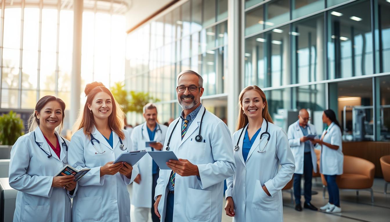 A bustling medical center with an array of modern, well-equipped facilities. In the foreground, a group of healthcare professionals in crisp white coats and scrubs, their faces warm and inviting, guide patients through the process of accessing in-network providers. The middle ground showcases a vibrant waiting area, where patients browse informative brochures and engage with friendly staff. In the background, the building's sleek, glass facade reflects the sun's rays, creating a sense of professionalism and efficiency. The overall atmosphere conveys a welcoming, streamlined healthcare experience, where patients can confidently navigate their in-network options and minimize out-of-pocket costs.