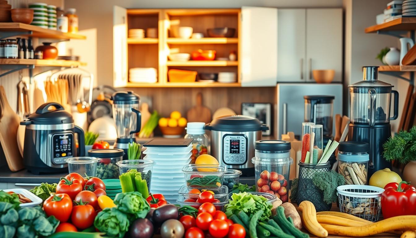 A bustling modern kitchen filled with diverse meal prep appliances and tools. In the foreground, colorful fresh produce, neatly organized containers, and various chopping boards create a vibrant scene. The middle ground showcases a range of time-saving gadgets like a high-powered blender, an electric pressure cooker, and a food processor. The background hints at a well-stocked pantry and open shelving, exuding a sense of efficiency and organization. Warm, natural lighting illuminates the scene, casting soft shadows and highlighting the textures of the ingredients. The overall atmosphere conveys a harmonious blend of functionality and culinary inspiration, embodying the principles of smart meal planning.
