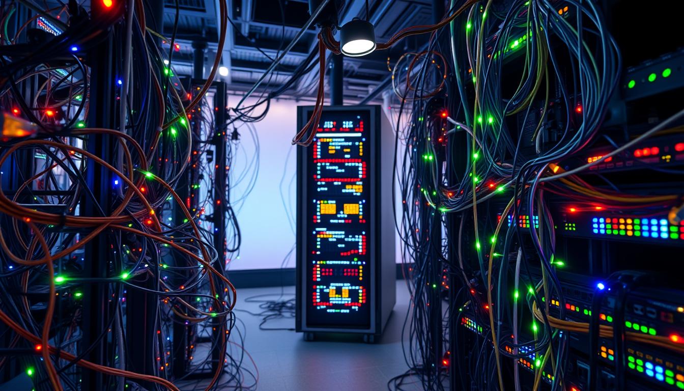A bustling network of interconnected nodes, cables, and routers, illuminated by a vibrant array of LED lights. The foreground showcases a complex web of communication pathways, with data packets zipping through the intricate mesh. In the middle ground, a sleek server rack stands tall, its blinking lights and cooling fans creating a mesmerizing rhythm. The background fades into a soft, gradient-filled backdrop, suggesting the boundless expanse of the digital realm. Captured through a wide-angle lens, the scene conveys a sense of scale and the intricate complexity of modern telecommunications infrastructure. The overall mood is one of technological dynamism and the ever-expanding reach of digital connectivity.