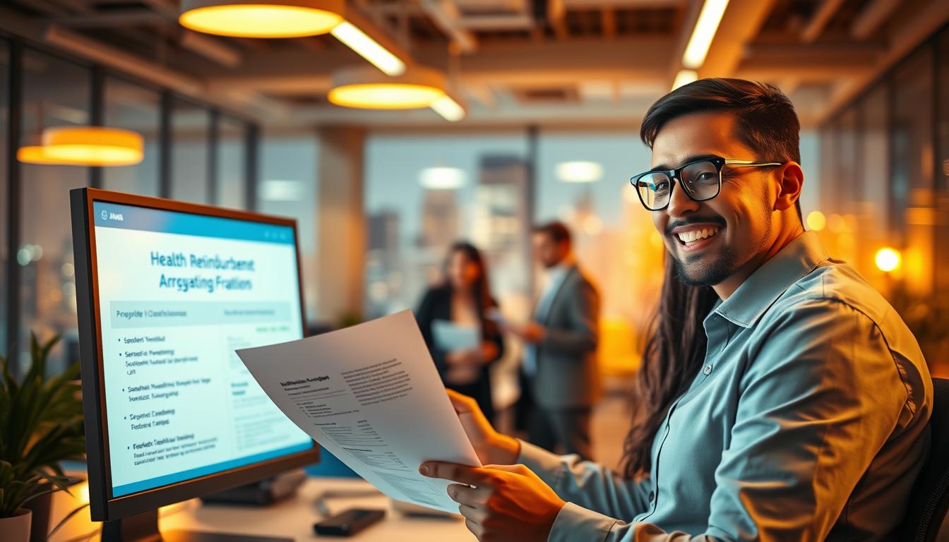 A bustling office scene, illuminated by warm, vibrant lighting. In the foreground, a smiling employee reviews paperwork detailing their employer-funded Health Reimbursement Arrangement (HRA) plan, the details highlighted on a sleek, modern computer screen. In the middle ground, colleagues collaborate, discussing healthcare options and cost-saving strategies. The background showcases a dynamic cityscape, hinting at the broader context of affordable healthcare access. The composition conveys a sense of productivity, financial security, and a collaborative, innovative approach to navigating the healthcare landscape.