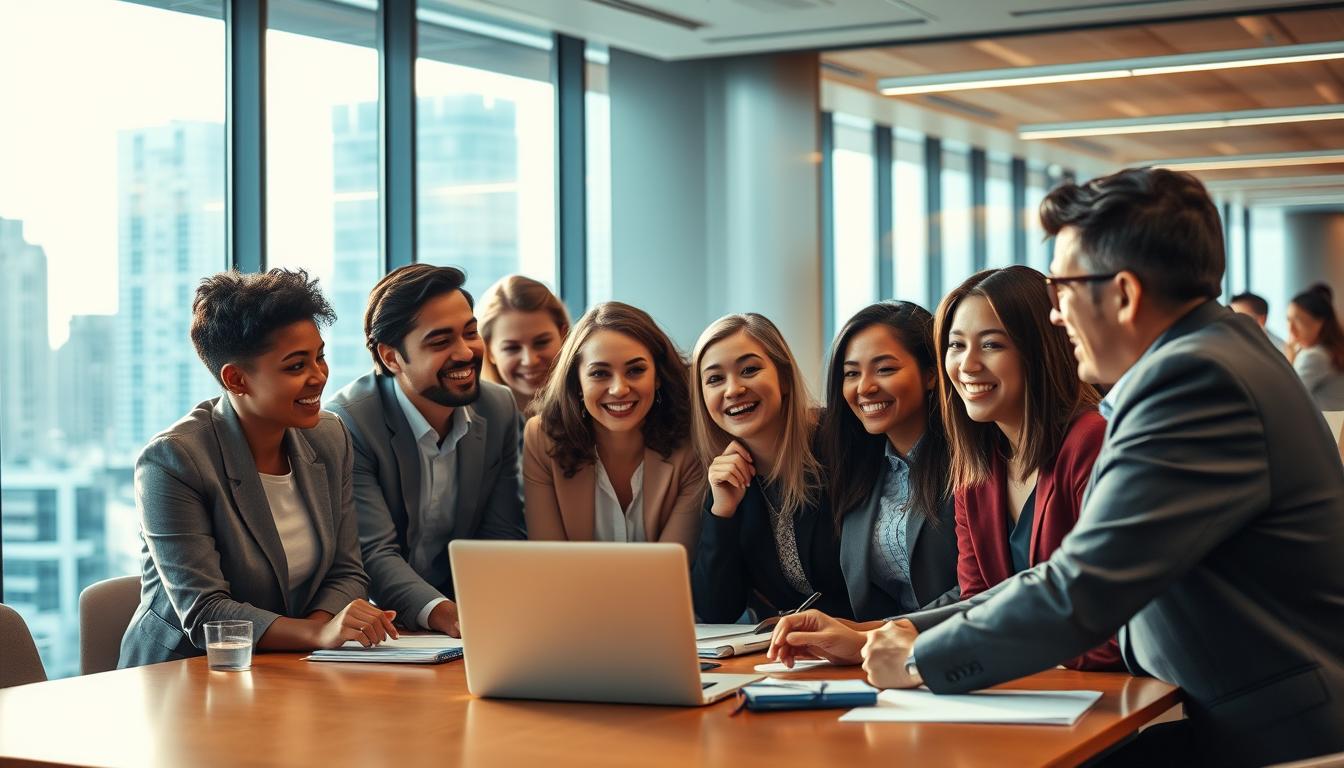 A bustling office setting, with a group of diverse professionals gathered around a conference table. The lighting is warm and inviting, casting a soft glow on the scene. The participants are leaning in, engaged in a lively discussion, their expressions animated and focused. In the background, a wall of windows offers a glimpse of the vibrant cityscape outside, adding to the dynamic atmosphere. The scene conveys a sense of collaboration, teamwork, and the power of collective expertise to navigate complex challenges, such as securing affordable health insurance coverage.