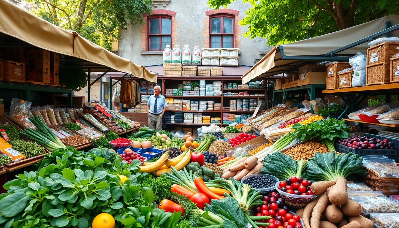 A bustling outdoor market filled with an array of vibrant stalls, displaying a wide selection of fresh, wholesome produce. In the foreground, a mix of seasonal fruits and vegetables - crisp greens, juicy berries, and earthy root crops - beckoning shoppers. The middle ground features shelves stocked with locally sourced grains, legumes, and dairy products, all exuding an aura of health and affordability. In the background, a quaint, historic building serves as the backdrop, its weathered facade adding a touch of rustic charm to the scene. Soft, natural lighting filters through, casting a warm, inviting glow over the entire marketplace, creating an atmosphere of vibrancy, sustainability, and community. A bustling outdoor market filled with an array of vibrant stalls, displaying a wide selection of fresh, wholesome produce. In the foreground, a mix of seasonal fruits and vegetables - crisp greens, juicy berries, and earthy root crops - beckoning shoppers. The middle ground features shelves stocked with locally sourced grains, legumes, and dairy products, all exuding an aura of health and affordability. In the background, a quaint, historic building serves as the backdrop, its weathered facade adding a touch of rustic charm to the scene. Soft, natural lighting filters through, casting a warm, inviting glow over the entire marketplace, creating an atmosphere of vibrancy, sustainability, and community.