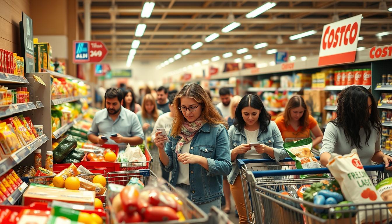 A bustling scene of frugal shoppers navigating the aisles of Aldi, Trader Joe's, and Costco, with a focus on their budget-friendly meal planning strategies. In the foreground, a group of people carefully examining price tags and comparing products, their expressions thoughtful and determined. In the middle ground, shoppers fill their carts with a vibrant array of fresh produce, packaged goods, and household essentials, while the background reveals the expansive, well-lit interiors of the stores, conveying a sense of abundance and opportunity. The lighting is warm and natural, casting a vibrant glow over the scene, and the camera angle slightly elevated to provide a comprehensive view of the bustling activity. The overall mood is one of purposeful, budget-conscious shopping, with an undercurrent of excitement and a touch of efficiency.