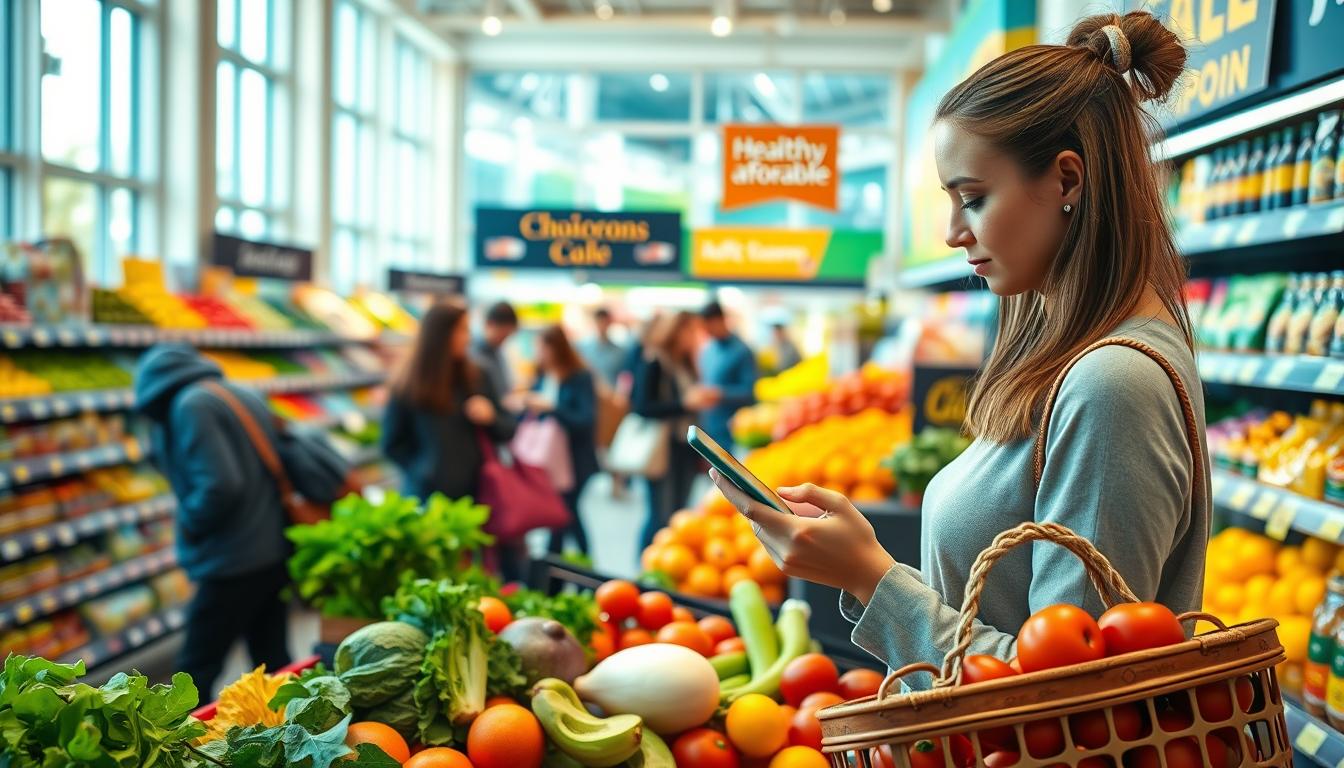A bustling supermarket aisle, brightly lit with natural light streaming through large windows. In the foreground, a woman intently scrolling through a smartphone app, comparing prices and coupon offers for a basket of fresh, vibrant produce - crisp greens, plump tomatoes, and juicy citrus fruits. In the middle ground, shoppers move about, examining shelves stocked with wholesome, nutritious grocery items. The background features colorful product displays and signage, highlighting the store's commitment to healthy, affordable options. The overall atmosphere is one of thrift and efficiency, where savvy shopping and modern technology converge to help the woman save money on her nutritious grocery haul.