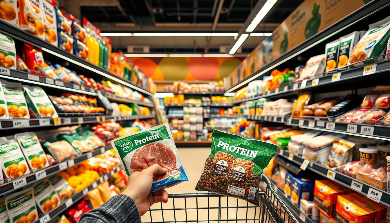 A bustling supermarket aisle, well-stocked with various protein-rich foods. In the foreground, a shopper's hands carefully examine packages of lean meats, eggs, legumes, and nuts, evaluating the unit prices and nutritional values. The mid-ground features colorful displays of dairy products, seafood, and plant-based protein sources, all illuminated by warm, vibrant lighting. In the background, shelves stretch out, showcasing a diverse array of health-conscious, budget-friendly protein options. The scene conveys a sense of thoughtful, strategic shopping, where the shopper is making informed decisions to maximize the value and nutrition of their protein purchases.