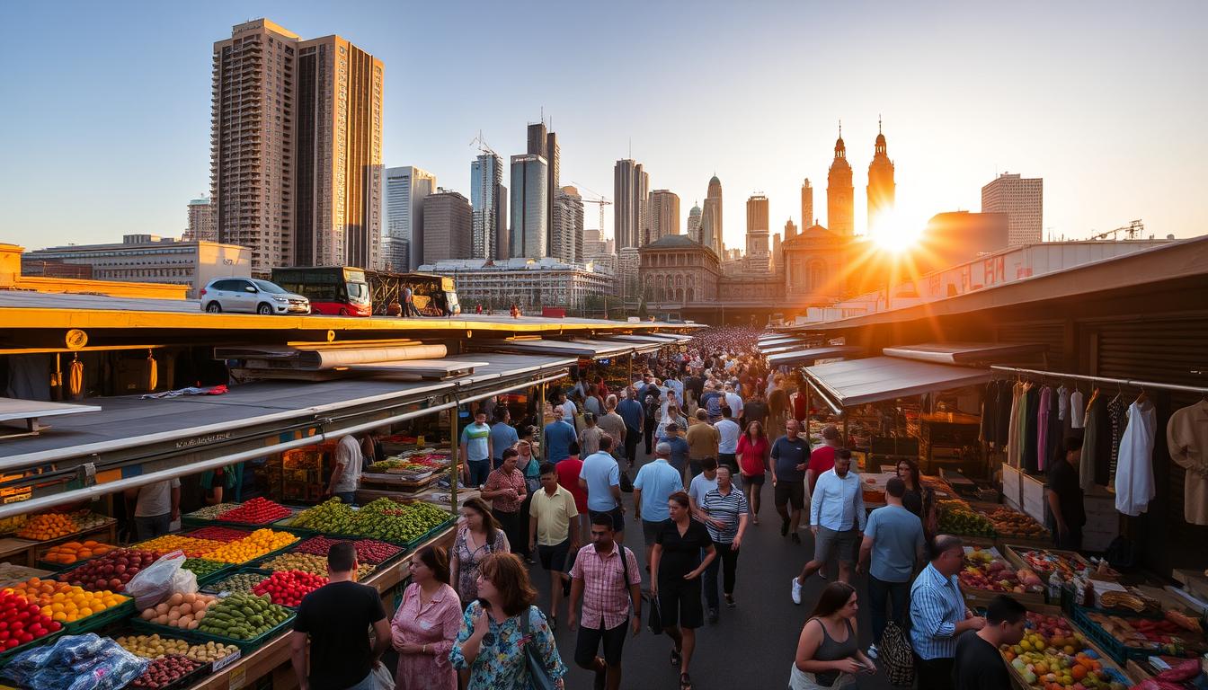 A bustling urban marketplace in the golden hour, the sunlight casting a warm glow across the scene. In the foreground, a diverse array of vendors selling their wares - fresh produce, artisanal goods, and mouth-watering street food. The middle ground is a sea of people weaving between the stalls, examining the offerings with a keen eye. In the background, a striking skyline of modern high-rises and historic architecture, creating a vibrant, cosmopolitan atmosphere. The overall mood is one of energy, vitality, and the thrill of discovery. A wide-angle lens captures the breadth of the scene, inviting the viewer to immerse themselves in this vibrant, vibrant location.