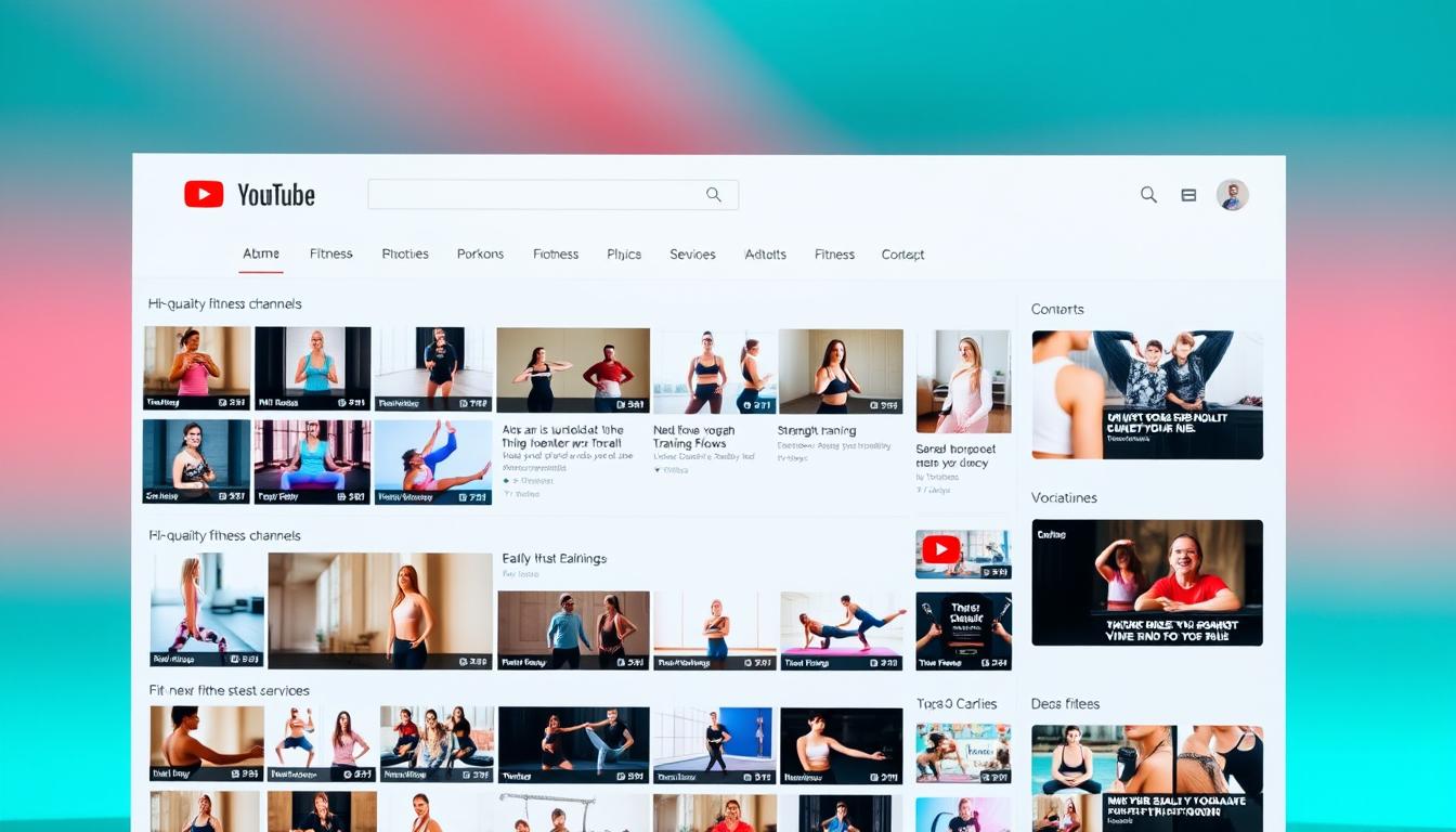 A busy YouTube homepage showcasing a variety of high-quality fitness channels. In the foreground, a collage of thumbnails featuring diverse workout programs - from HIIT cardio to yoga flows, strength training to dance choreography. The middle ground depicts a clean, minimalist interface with intuitive navigation menus and video recommendations. In the background, a vibrant gradient backdrop in shades of teal and coral, creating an energetic, motivational ambiance. Soft, diffused lighting illuminates the scene, accentuating the sleek, modern design. The overall impression is of a comprehensive, accessible fitness resource at one's fingertips, inspiring users to explore and discover their next great workout.