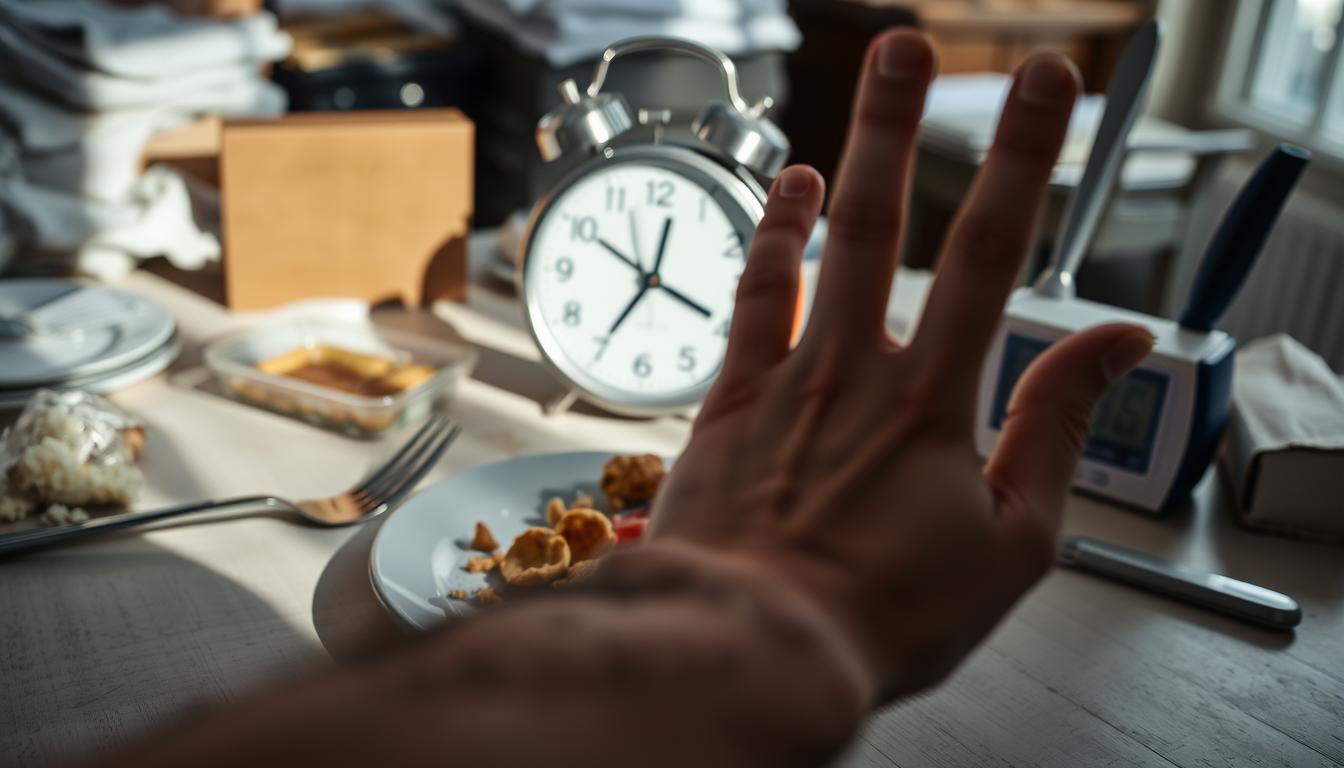 A chaotic dining table, with a fork and knife haphazardly positioned, a half-eaten meal, and a digital clock prominently displaying the time. The lighting is harsh, casting shadows that emphasize the disorganized scene. In the foreground, a person's hand hovers over the plate, conveying a sense of indecision and frustration. The background is blurred, but suggests a cluttered, uninviting environment. The overall mood is one of stress and poor appetite control, highlighting the common mistakes individuals make when it comes to meal timing and its impact on their ability to feel satisfied and in control of their eating habits.