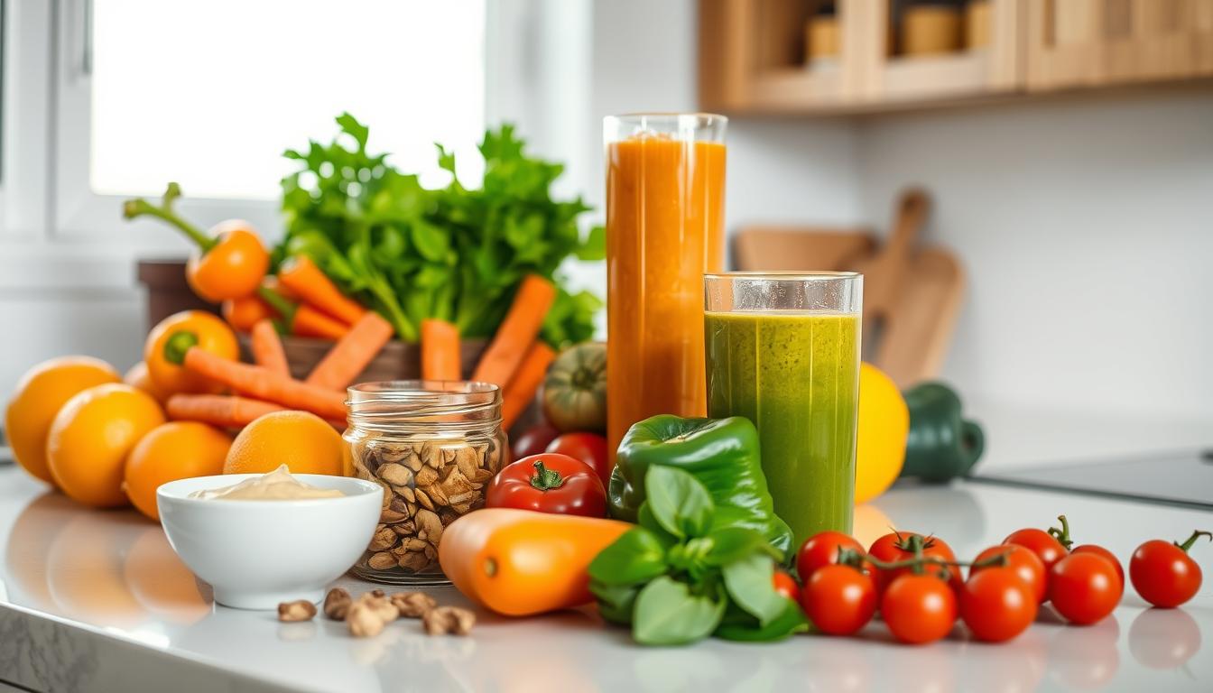 A cheerful kitchen counter adorned with an assortment of healthy, budget-friendly snacks. In the foreground, a colorful array of fresh fruits and vegetables - juicy oranges, crunchy carrots, crisp bell peppers, and plump cherry tomatoes. A jar of roasted nuts and a small bowl of hummus sit nearby, inviting a satisfying dip. In the middle ground, a sleek glass of freshly blended smoothie, its vibrant hues reflecting the vibrant lighting from the large window behind. The background features a minimalist, white-tiled backsplash, complemented by the warm, natural wood of the cabinets. The overall scene exudes a sense of nutritious, cost-effective indulgence, capturing the essence of smart snacking on a budget.